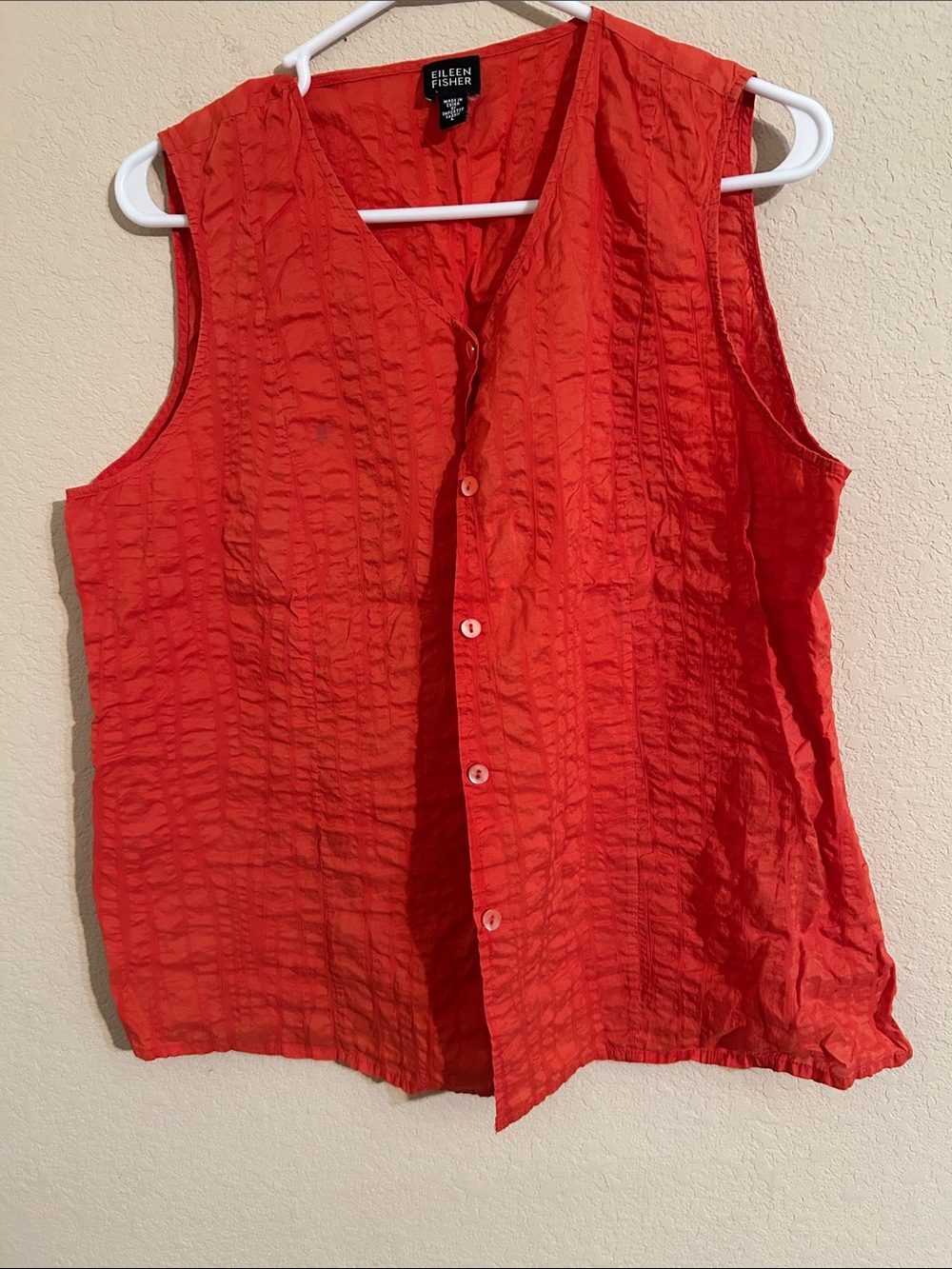 Eileen Fisher Crinkle Sleeveless Button Front Top - Bright Red Elevated Basic